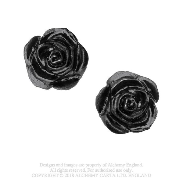 Pewter Earrings Black Rose Studs Pair
