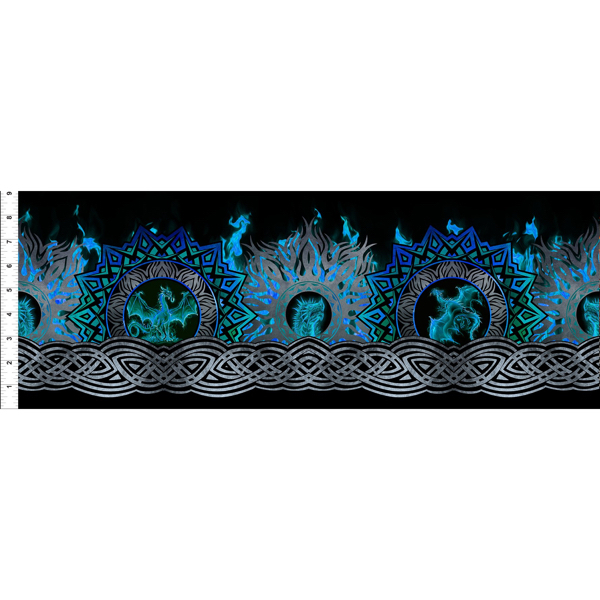 Baumwoll Stoff bedruckt mit Drachen und Flammen, blau schwarz, Multi Border